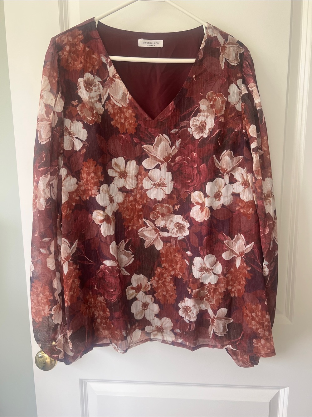 Chic Soul Burgundy Floral V-Neck Long Sleeve Blouse